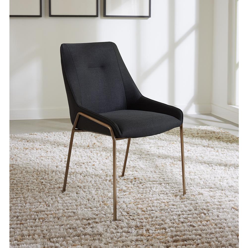 Cyrus Upholstered Dining Chair in Coal Fabric and Brushed Bronze Metal, set of 2. Picture 1