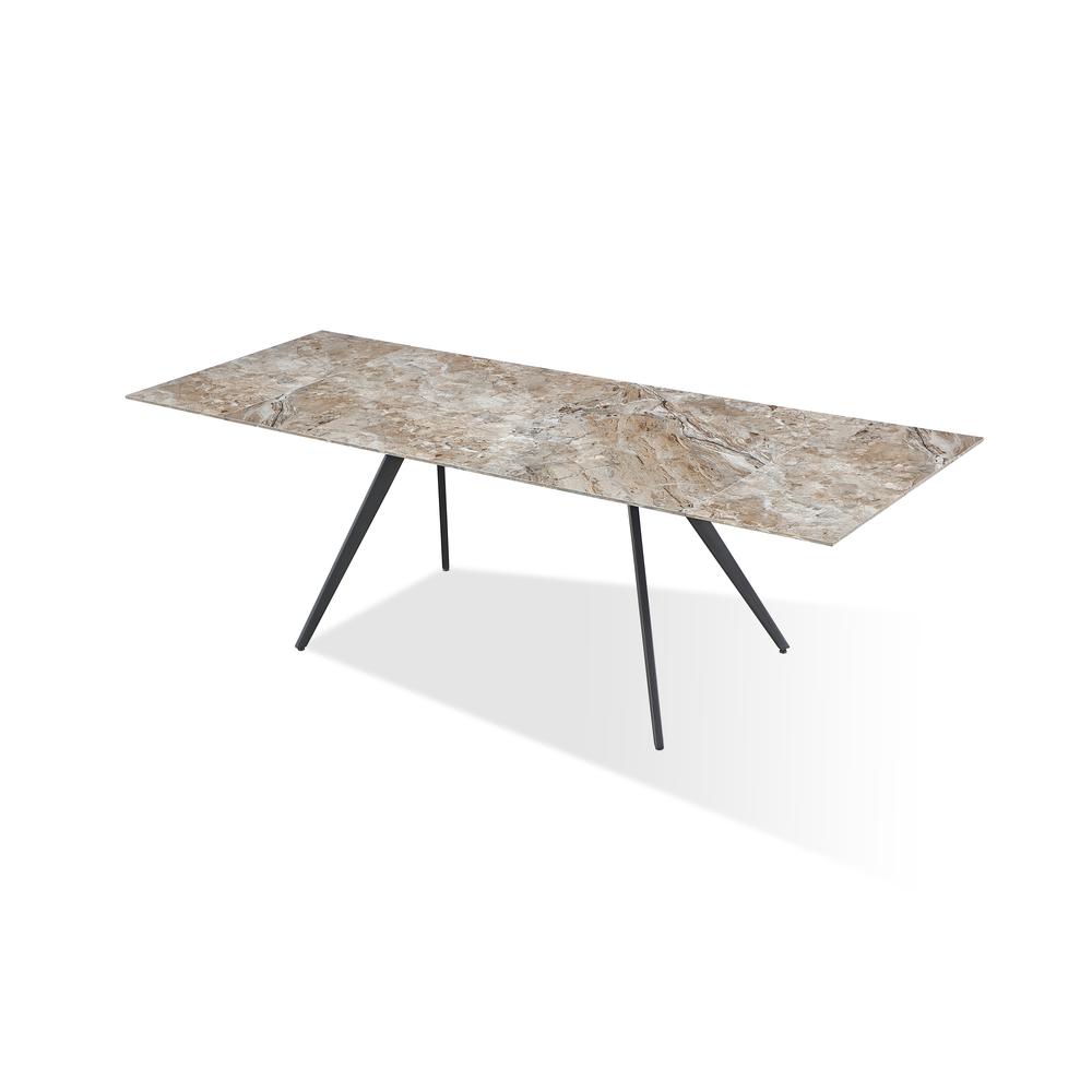 Lucia Double Extension Stone Top Metal Leg Dining Table in Rich Brown and Black. Picture 3
