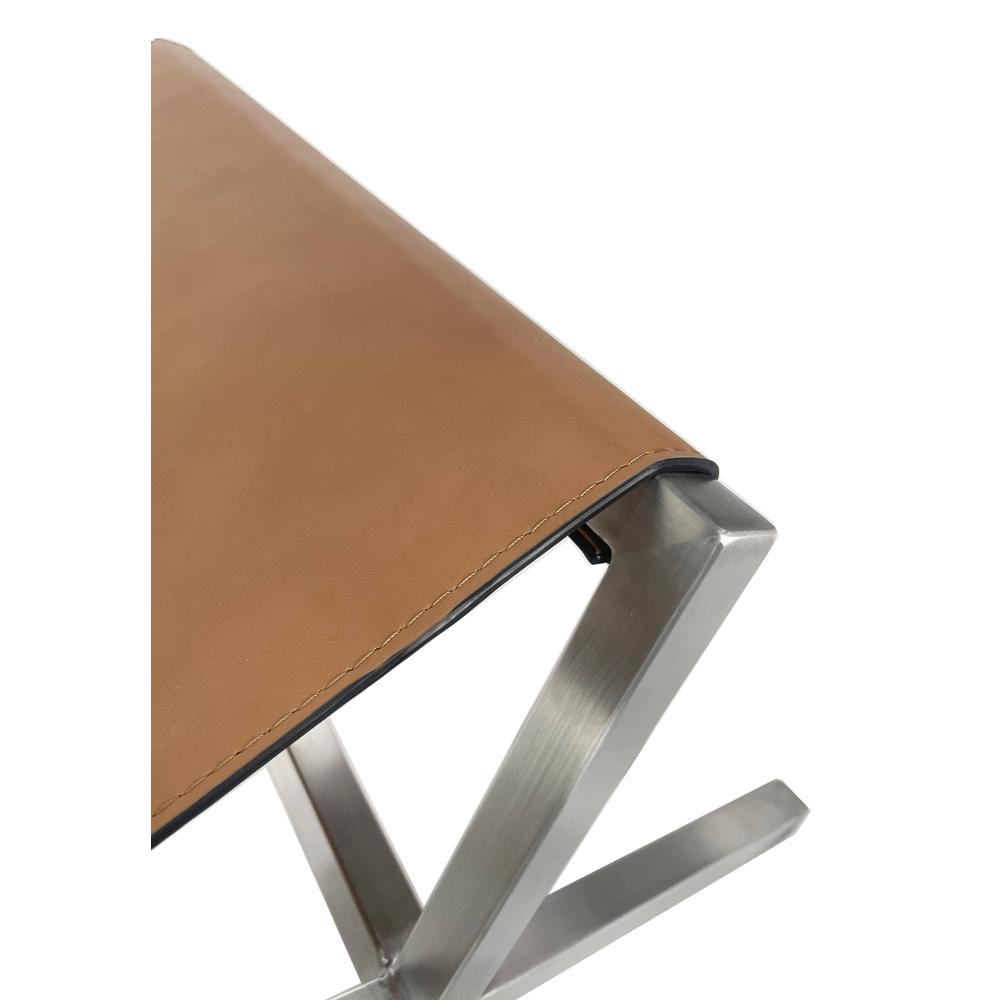 Coastal Director's Style Leather Dining Bench in Cognac and Brushed Steel. Picture 2
