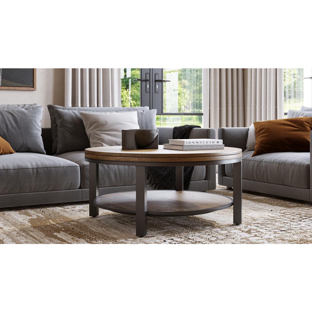 Canyon Solid Wood and Metal Round Coffee Table in Washed Grey. Picture 1