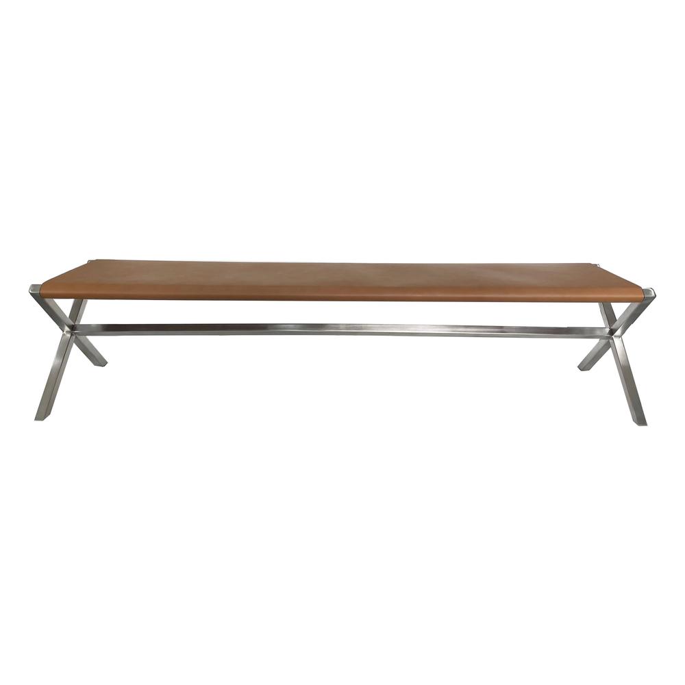 Coastal Director's Style Leather Dining Bench in Cognac and Brushed Steel. Picture 1