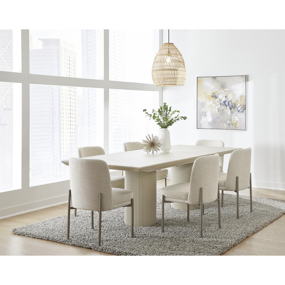 Cannon Stone Top Double Pedestal Extension Dining Table with Ivory Wood Base. Picture 4