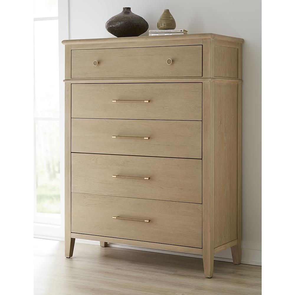 Camden Five Drawer Oak Wood Chest in Chai. Picture 1