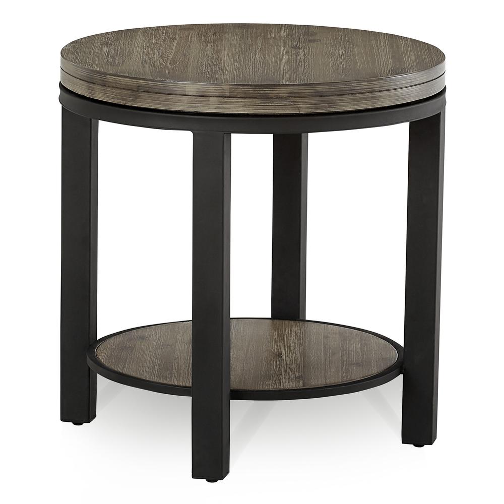 Canyon Solid Wood and Metal Round End Table in Washed Grey. Picture 1