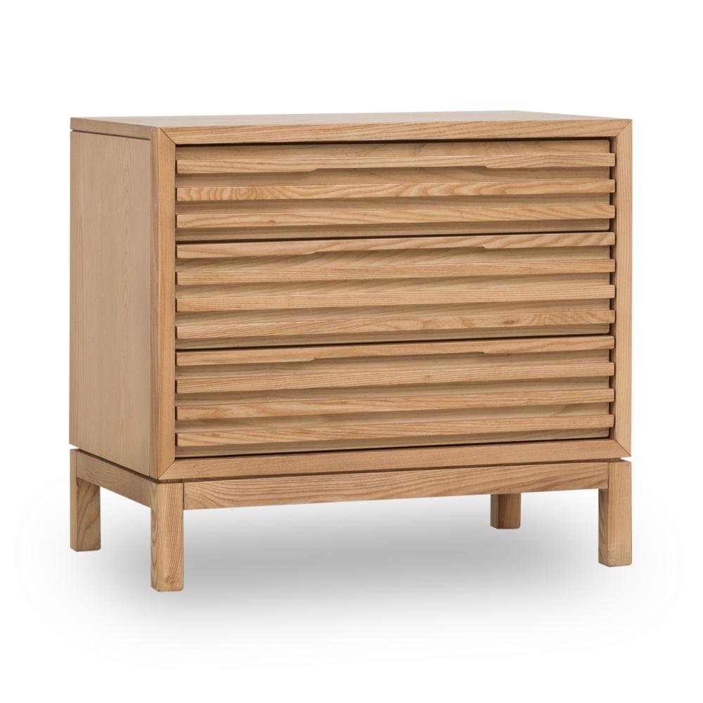 Tanner Three Drawer Ash Wood Nightstand in Flaxen. Picture 2