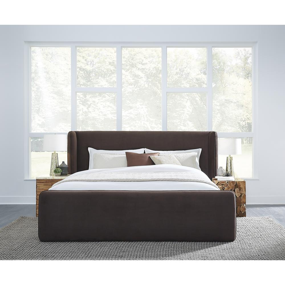 Bacall Velvet Upholstered Wingback Platform Bed in Cola. Picture 1