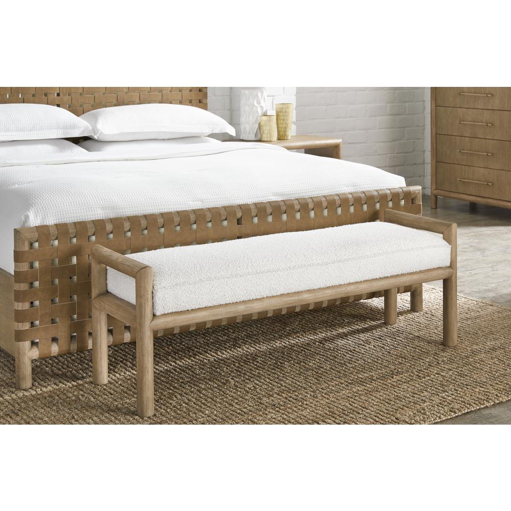 Dorsey Boucle Upholstered Wooden Bench in Granola and Ricotta. Picture 1