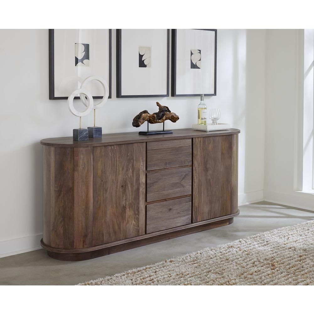 Liyana Solid Wood Three Drawer Two Door Sideboard in Natural Tan. Picture 1