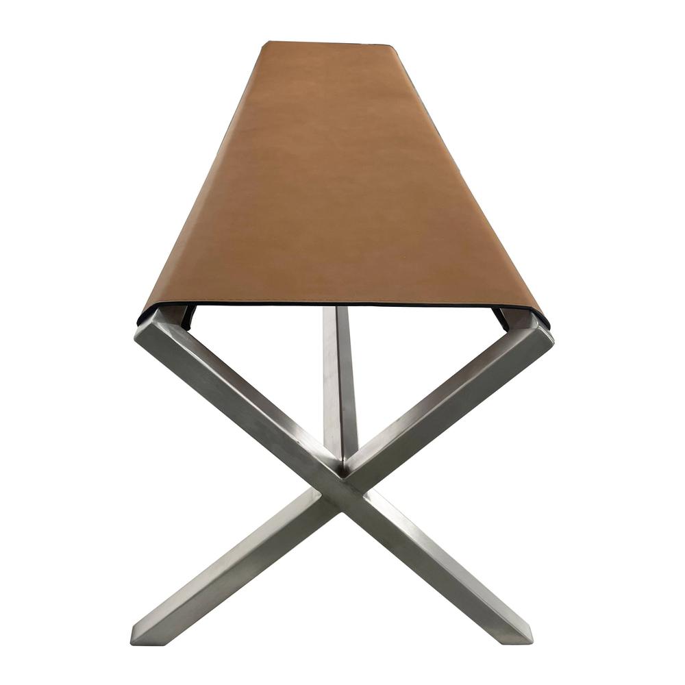 Coastal Director's Style Leather Dining Bench in Cognac and Brushed Steel. Picture 3