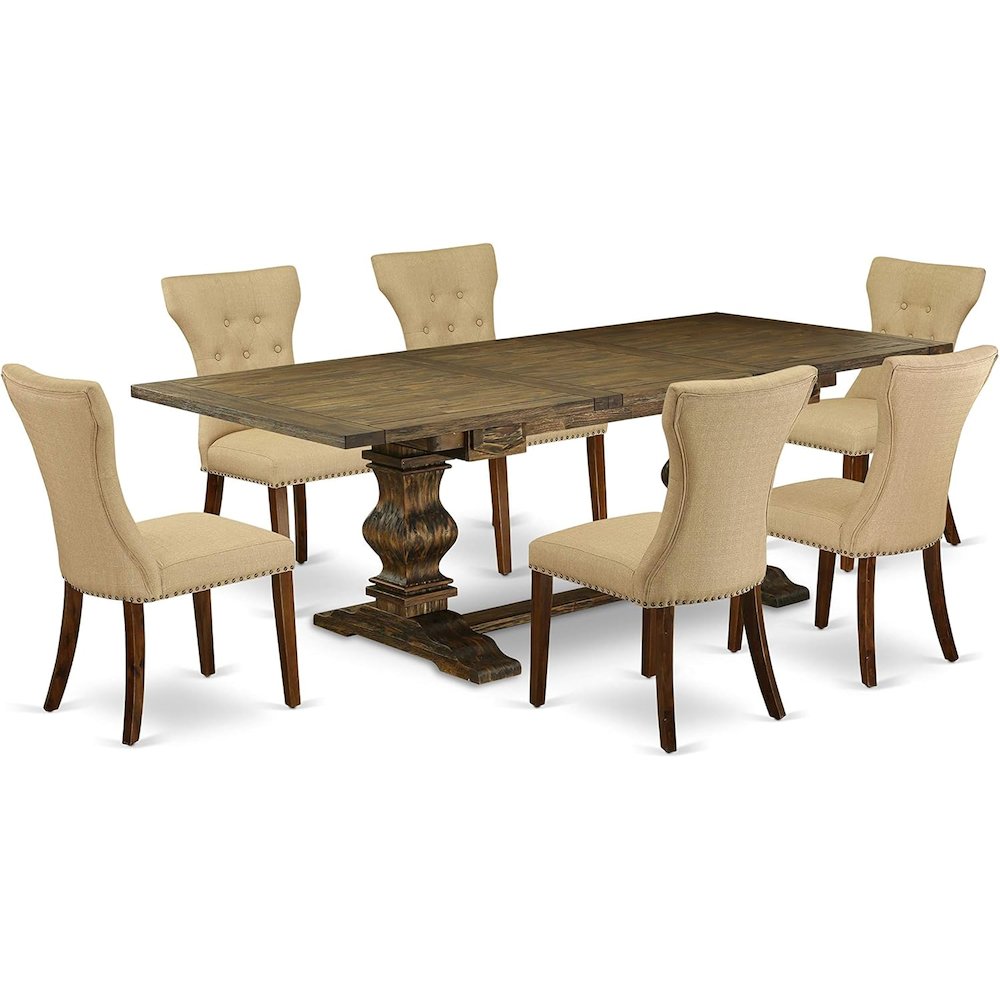 East West Furniture LAGA7-78-03 7-Piece Dining Table Set - 6 Dining Chairs with Brown Linen Fabric Back and Seat - Dining Table with Pedestal Legs - Antique Walnut & Distressed Jacobean Finish. Picture 1