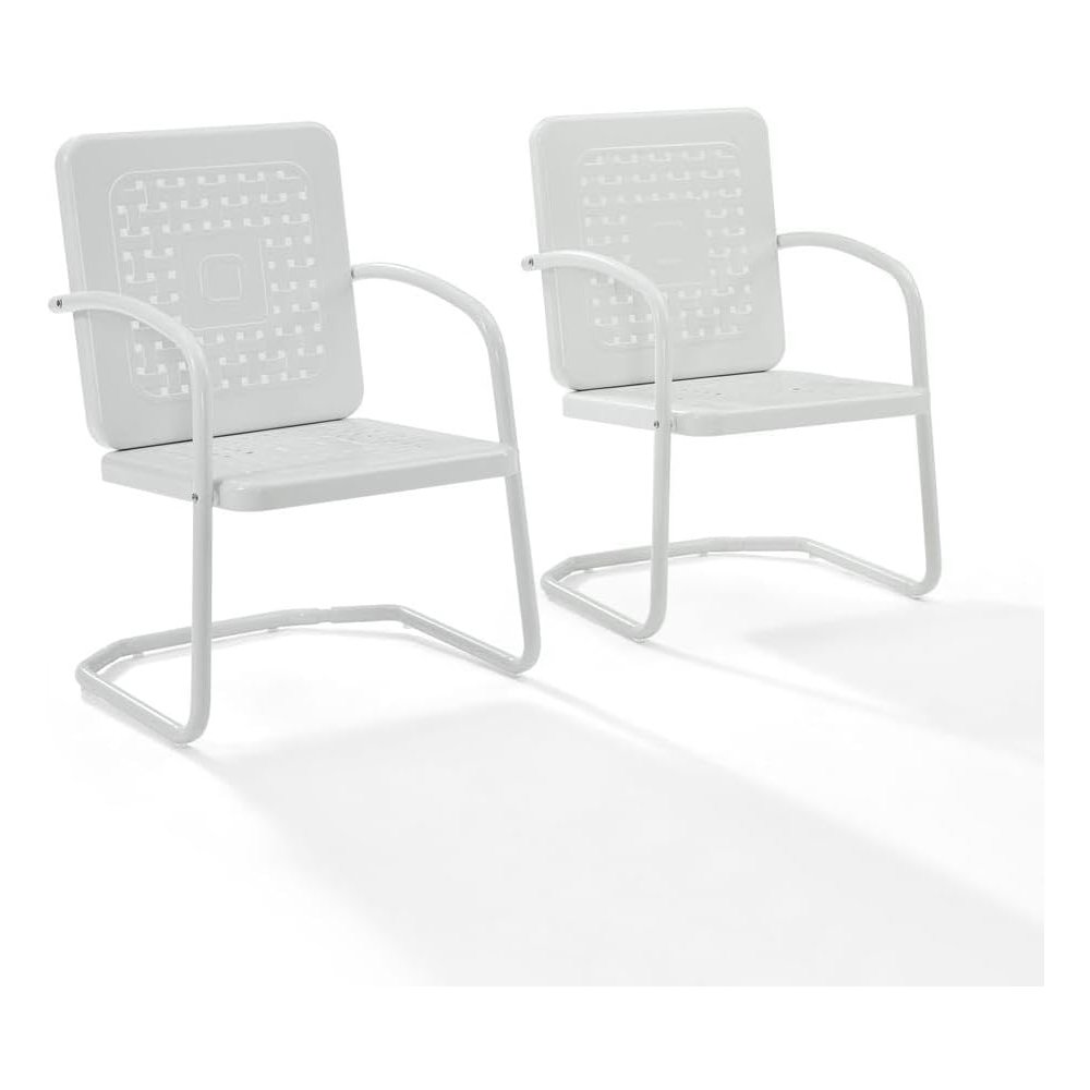 White outdoor armchair duo with sturdy construction and comfortable seating. Picture 1