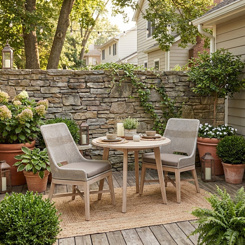 White Outdoor Dining Chair 2-Piece Set, Teak Base, Rope Pattern, X Base. Picture 2