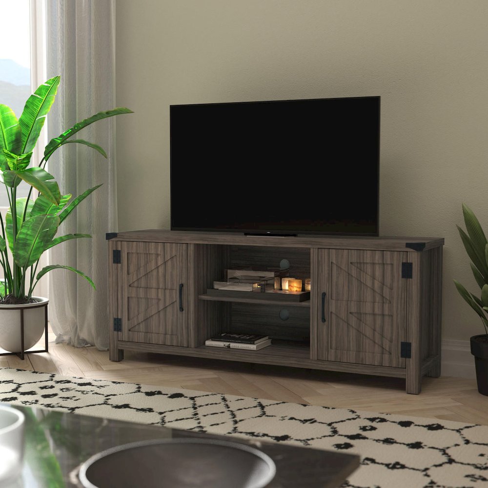 Modern Farmhouse Barn Door TV Stand - Gray Wash Oak for TV's up to 65 Inches - 59" Entertainment Center with Adjustable Shelf. Picture 2