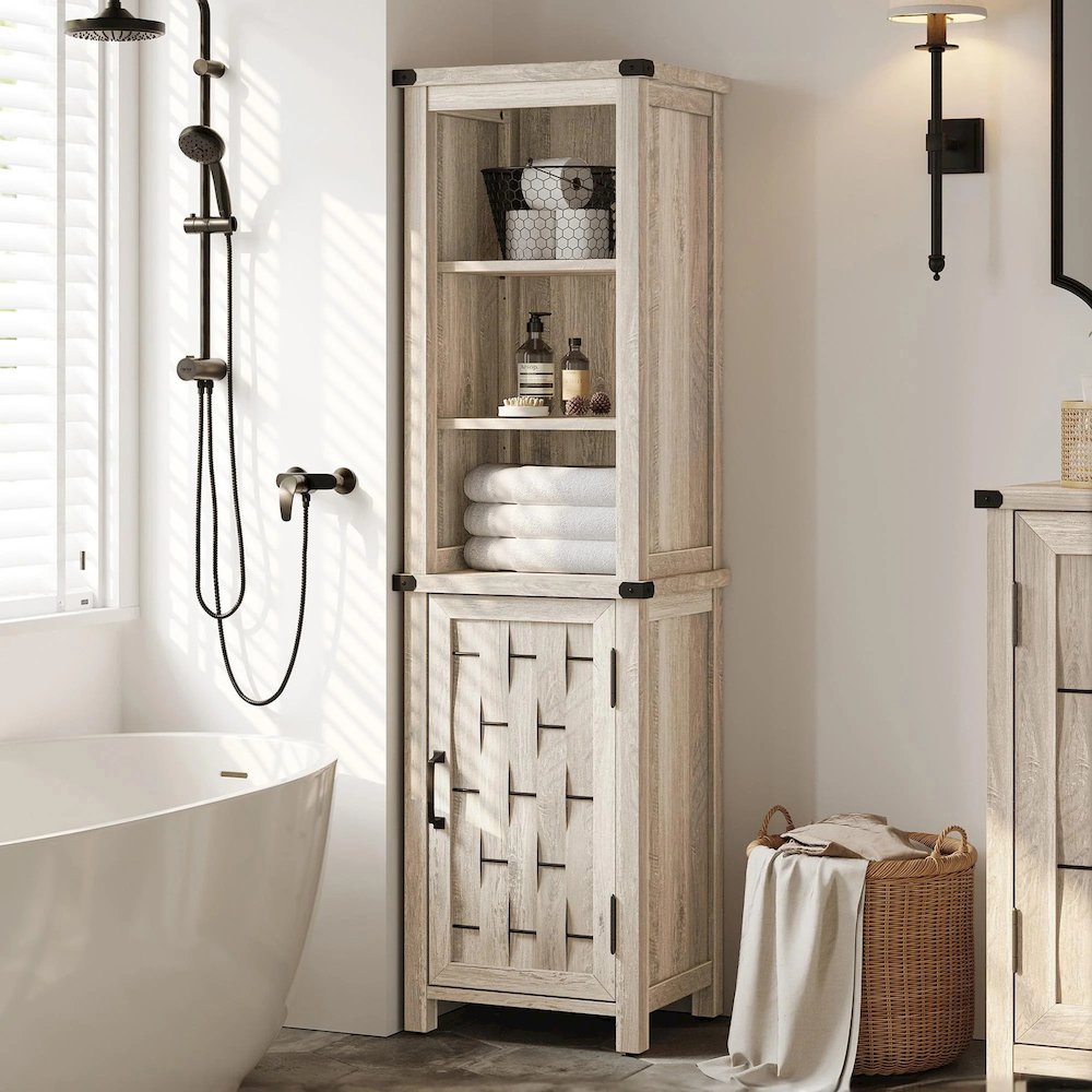 Farmhouse Tall Storage Cabinet, Narrow Corner Linen Tower with Door, Light Gray. Picture 3