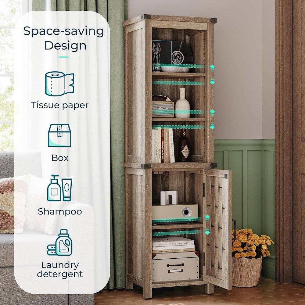 Farmhouse Tall Storage Cabinet, Narrow Corner Linen Tower with Door, Light Brown. Picture 4