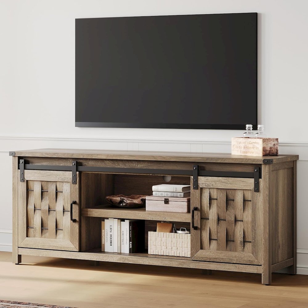Entertainment Center for TVs up to 70" with Sliding Barn Door,Light Brown. Picture 2
