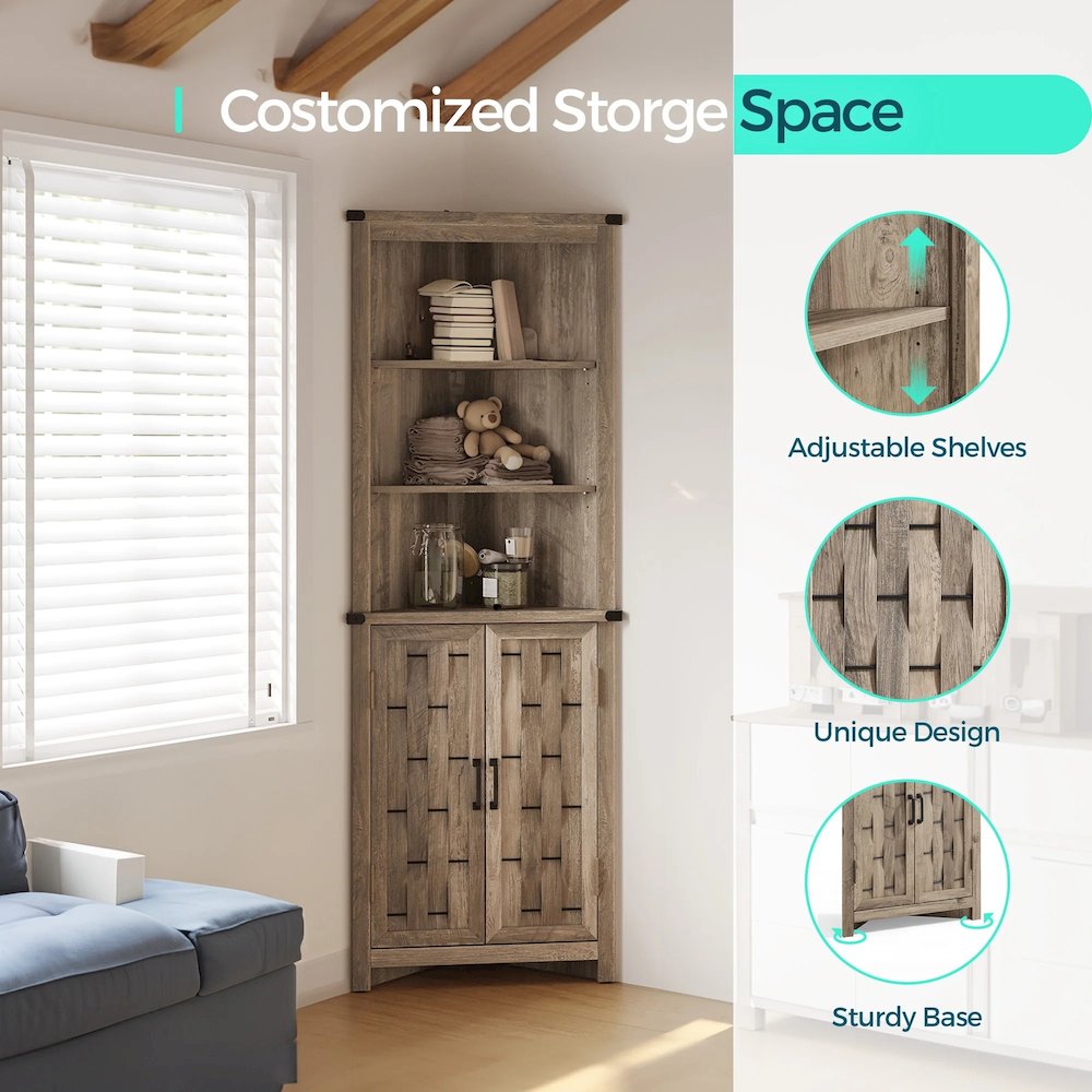 Farmhouse Tall Bathroom Storage Cabinet – Narrow Corner Linen Tower, Light Brown. Picture 4