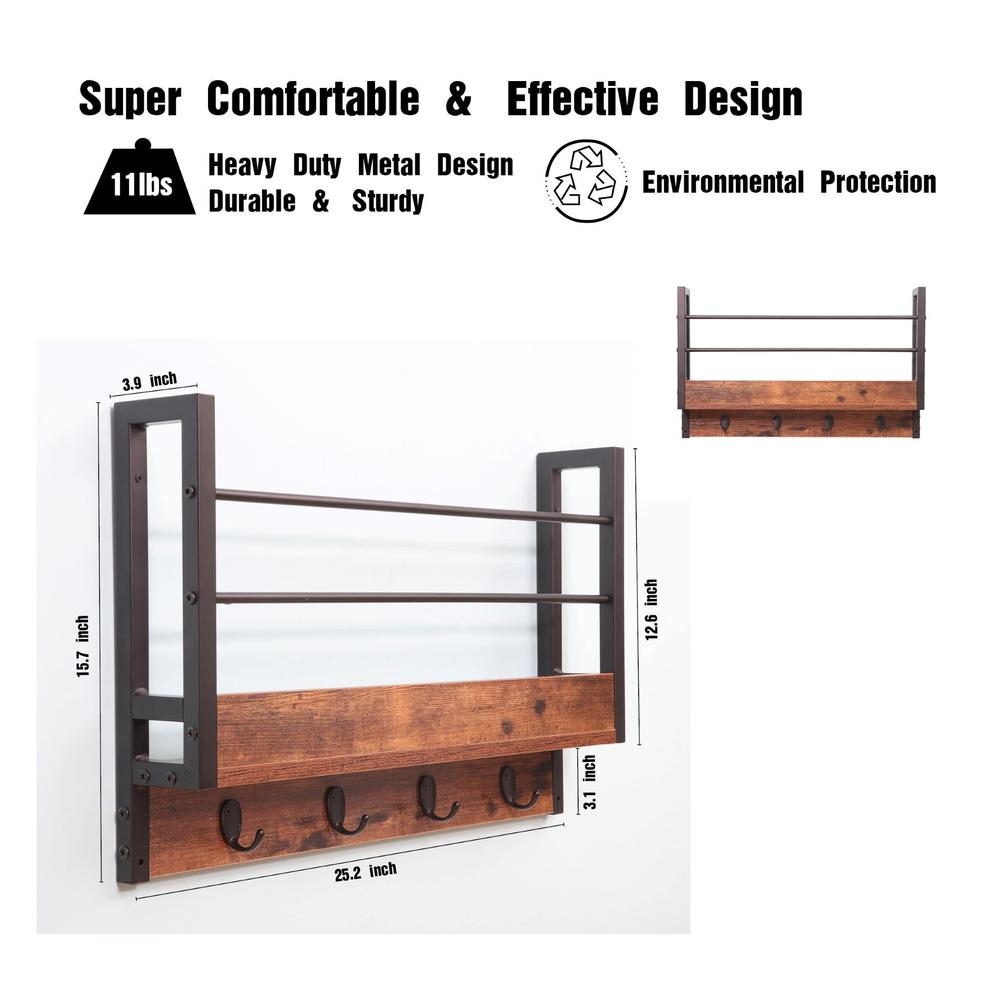 Floating Book Shelf Coat Rack, Rustic Brown, Set Of 2. Picture 6