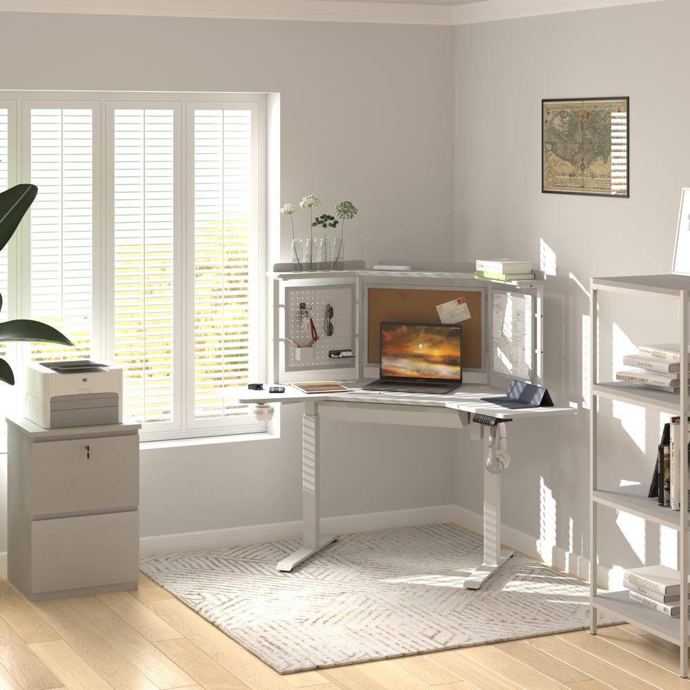Corner Electric Height Adjustable Standing Desk With Back Board And Drawer. Picture 2