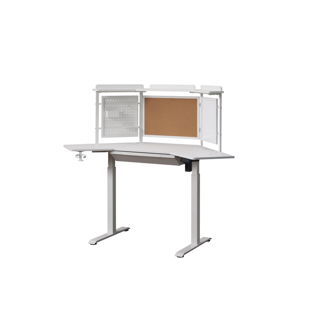 Corner Electric Height Adjustable Standing Desk With Back Board And Drawer. Picture 1