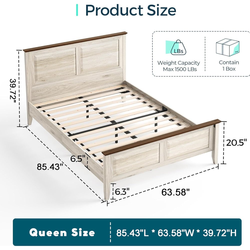 Rustic Queen Bed Frame with Headboard & Footboard, Wooden Platform, Beige. Picture 1