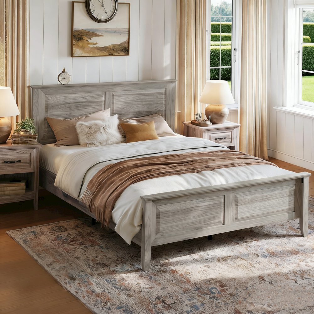 Rustic Queen Bed Frame with Headboard & Footboard, Wooden Platform, Grey. Picture 4