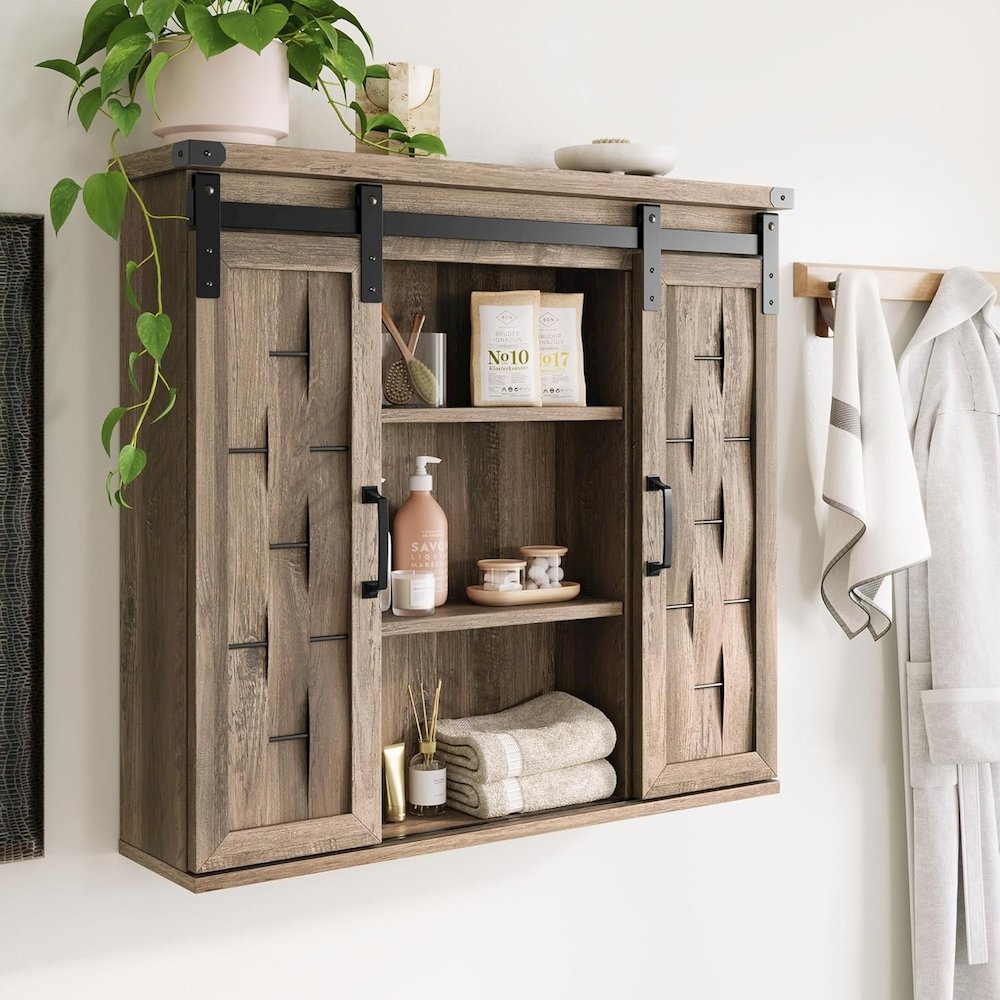 31" Farmhouse Wall-Mounted Medicine Cabinet with Sliding Barn Door,Light Brown. Picture 2