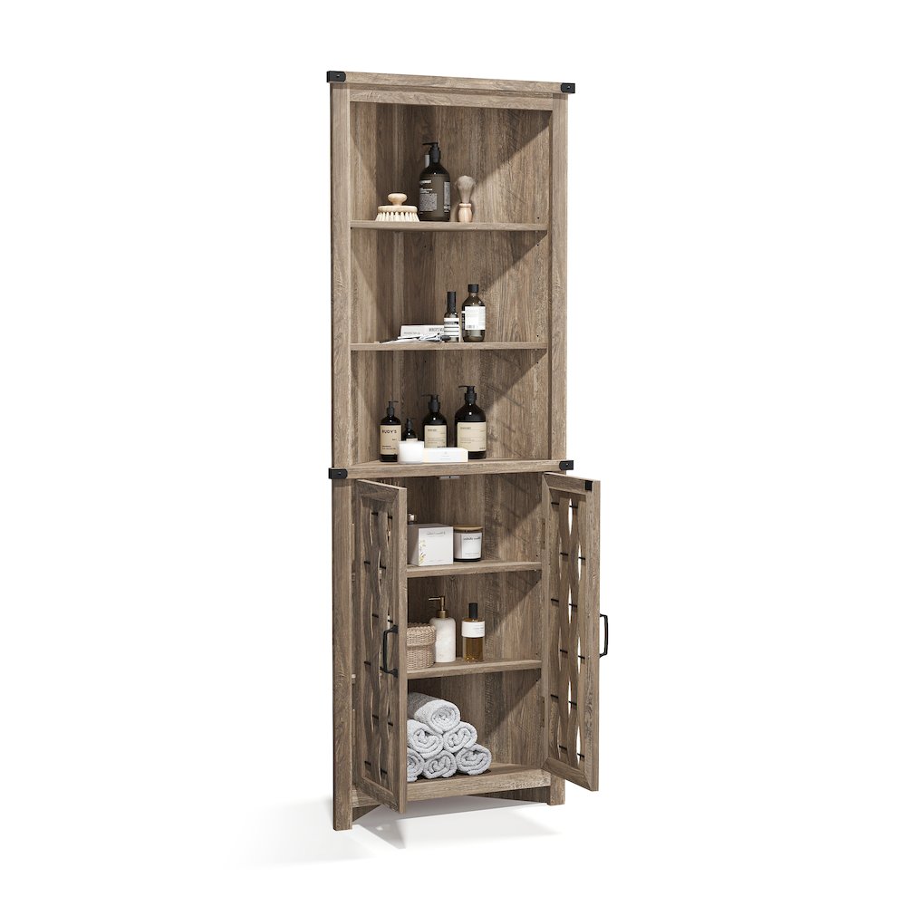 Farmhouse Tall Bathroom Storage Cabinet – Narrow Corner Linen Tower, Light Brown. Picture 1