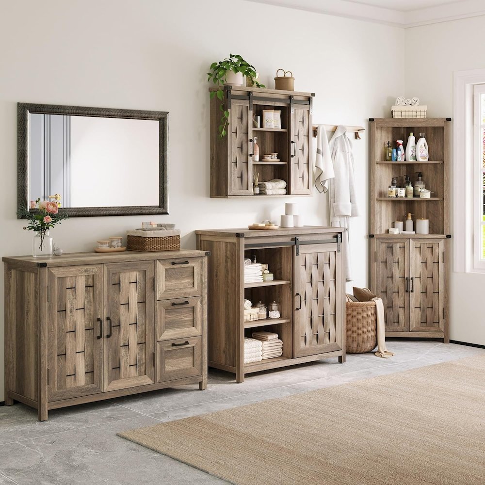 31" Farmhouse Wall-Mounted Medicine Cabinet with Sliding Barn Door,Light Brown. Picture 3