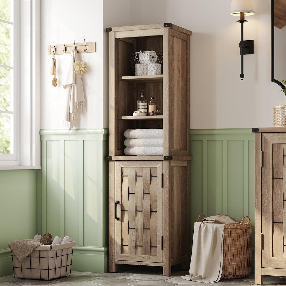 Farmhouse Tall Storage Cabinet, Narrow Corner Linen Tower with Door, Light Brown. Picture 3