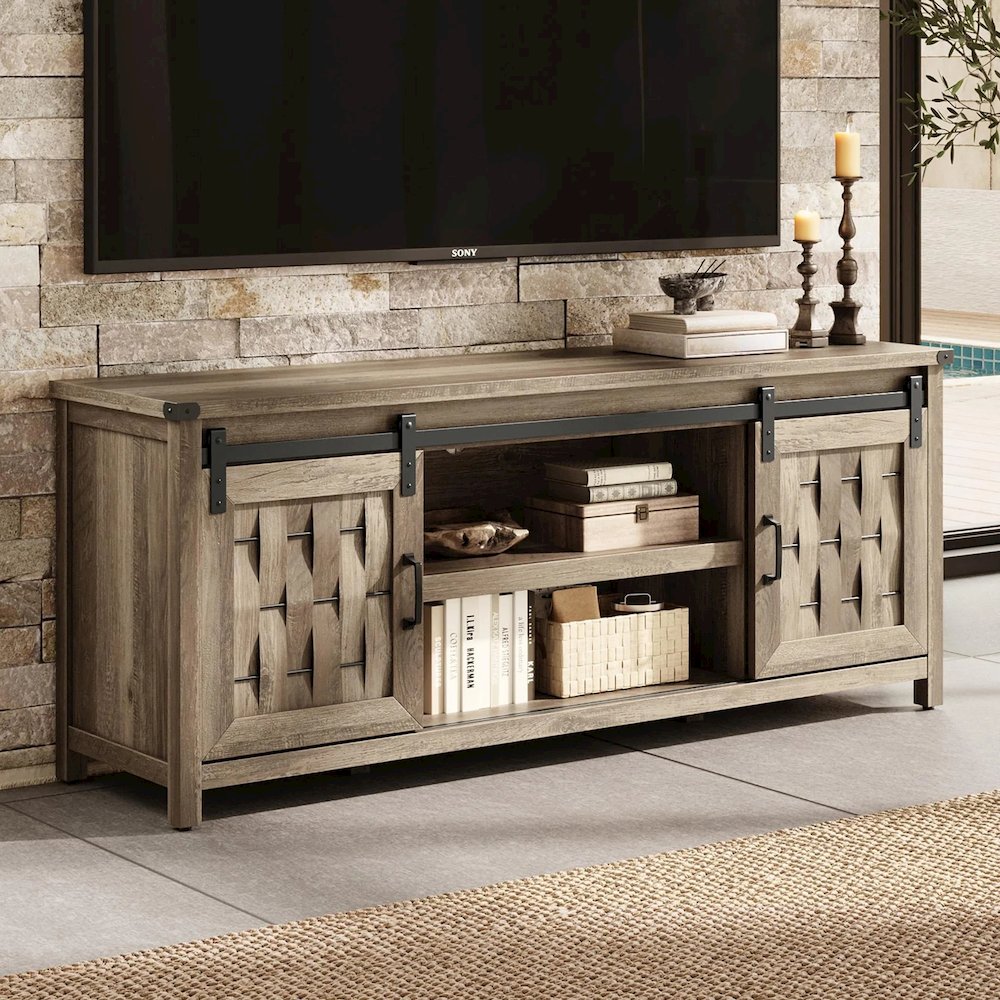 Entertainment Center for TVs up to 70" with Sliding Barn Door,Light Brown. Picture 3