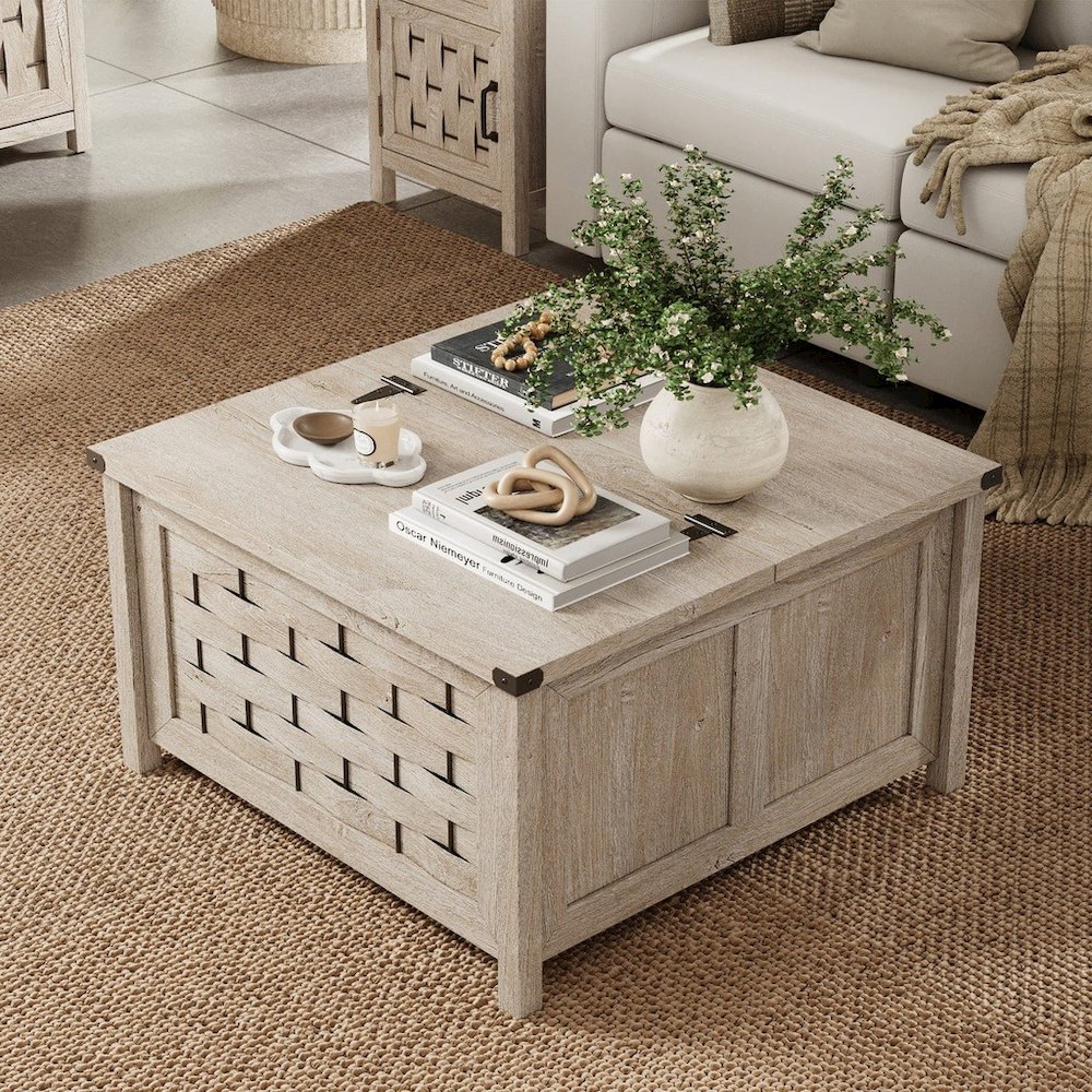 Square Farmhouse Coffee Table with Hidden Storage Compartment,Light Gray. Picture 3