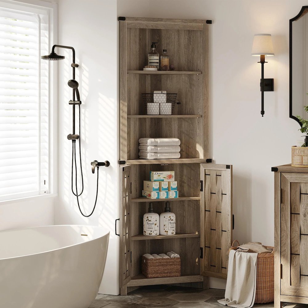 Farmhouse Tall Bathroom Storage Cabinet – Narrow Corner Linen Tower, Light Brown. Picture 2
