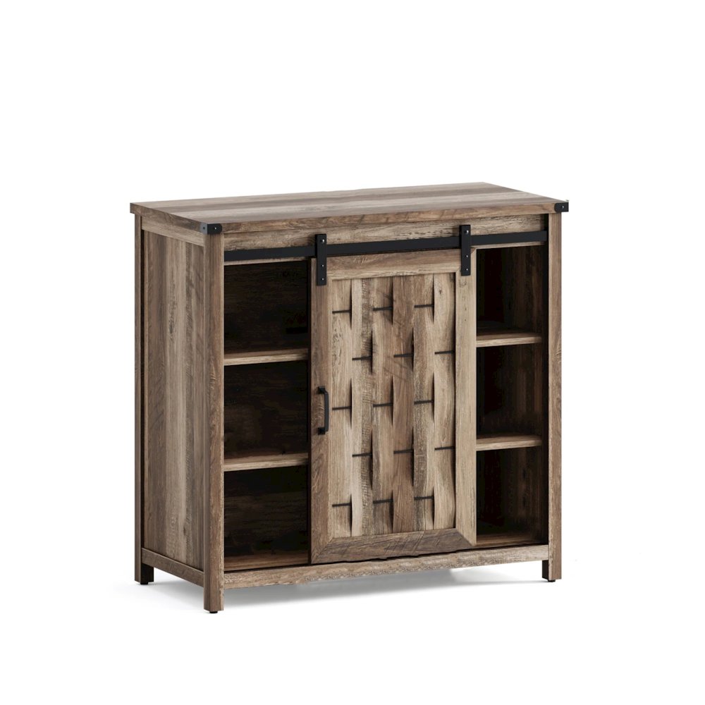 Farmhouse Coffee Bar Cabinet with Sliding Barn Door, Light Brown. Picture 1