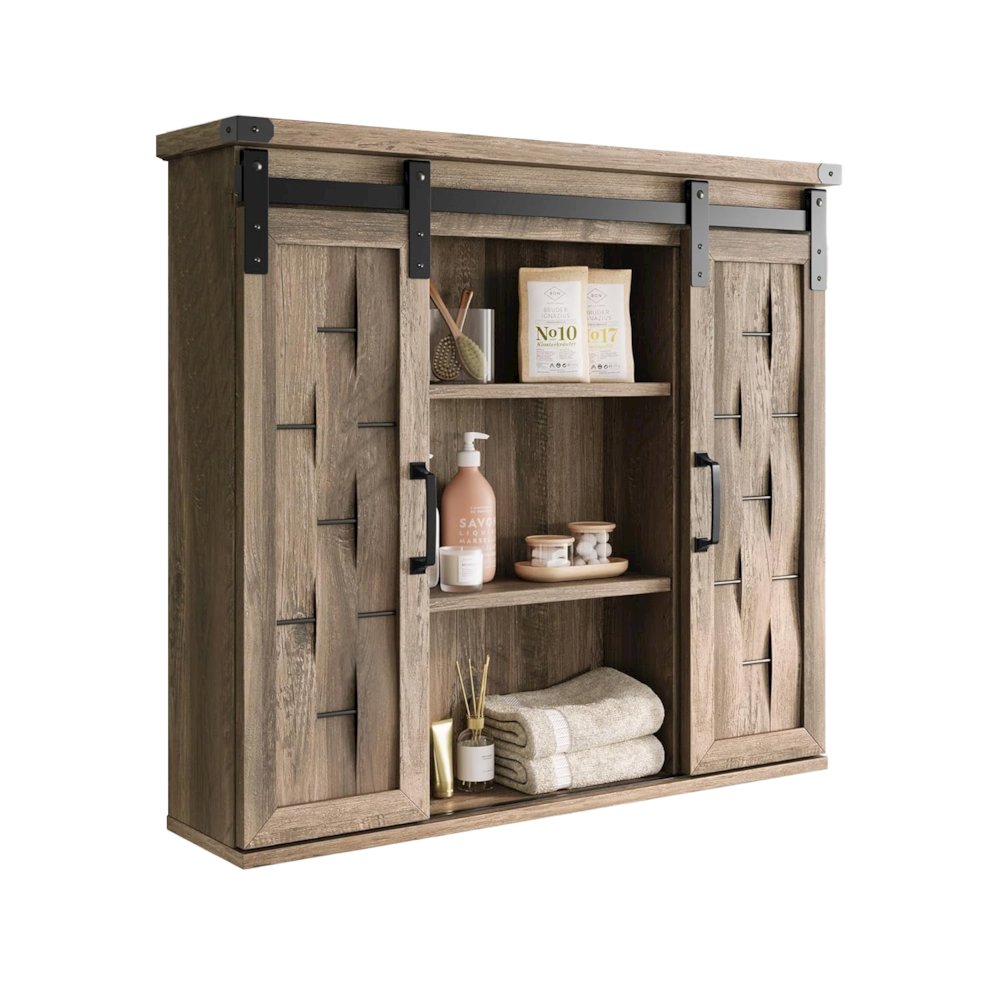 31" Farmhouse Wall-Mounted Medicine Cabinet with Sliding Barn Door,Light Brown. Picture 1