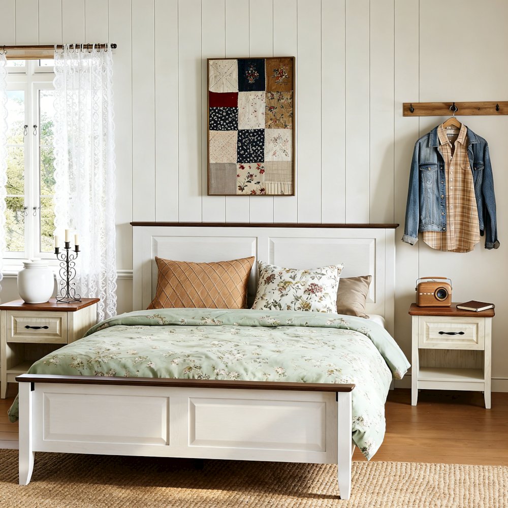 Rustic Queen Bed Frame with Headboard & Footboard, Wooden Platform, White. Picture 3