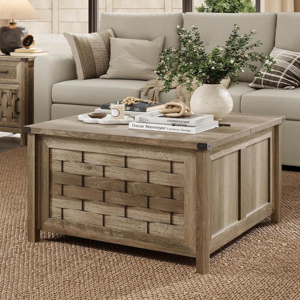 Square Farmhouse Coffee Table with Hidden Storage Compartment, Light Brown. Picture 2
