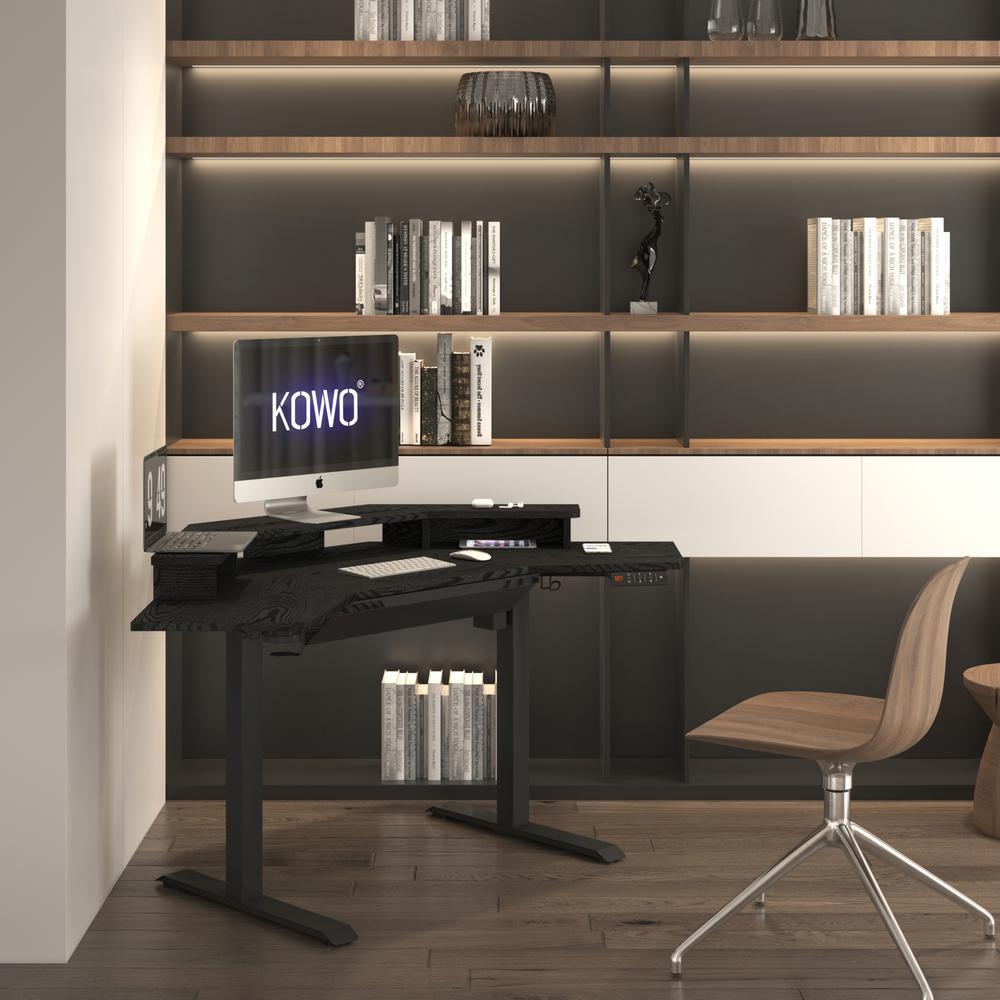 Corner Electric Height Adjustable Standing Desk With Hutch And Drawer, Black. Picture 2