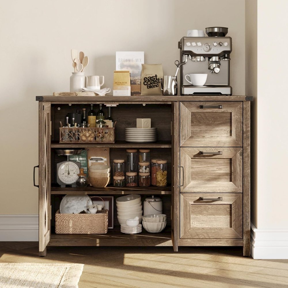 43" Farmhouse Sideboard Buffet Cabinet with Drawers and Shelves,Light Brown. Picture 3