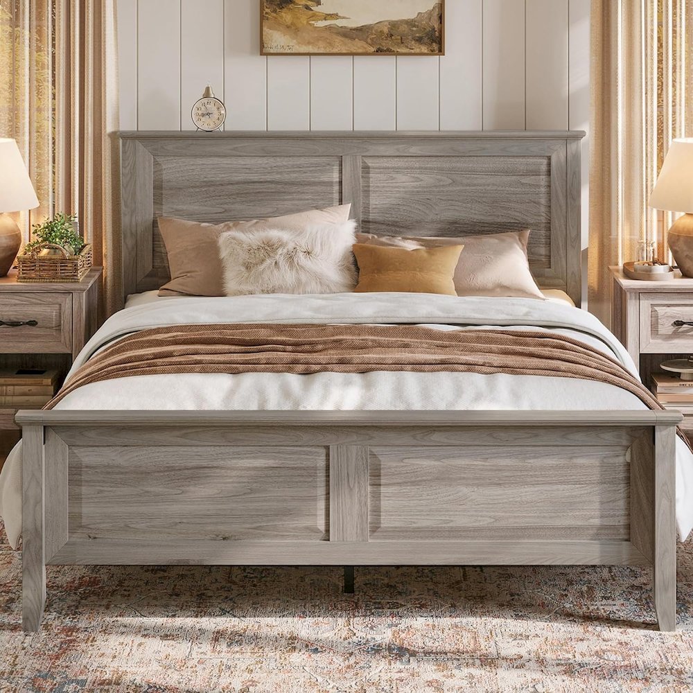 Rustic Queen Bed Frame with Headboard & Footboard, Wooden Platform, Grey. Picture 2