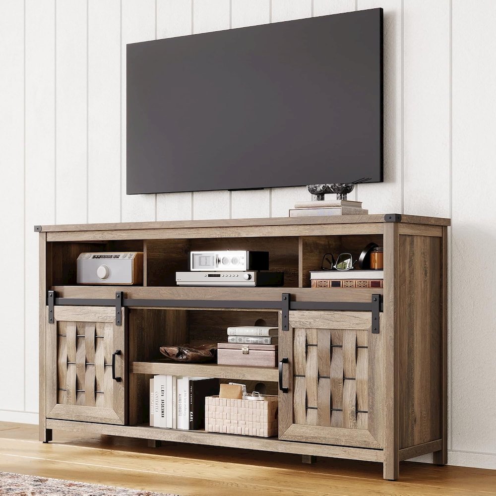 TV Stand for TVs up to 70" with Sliding Barn Door,Light Brown. Picture 3