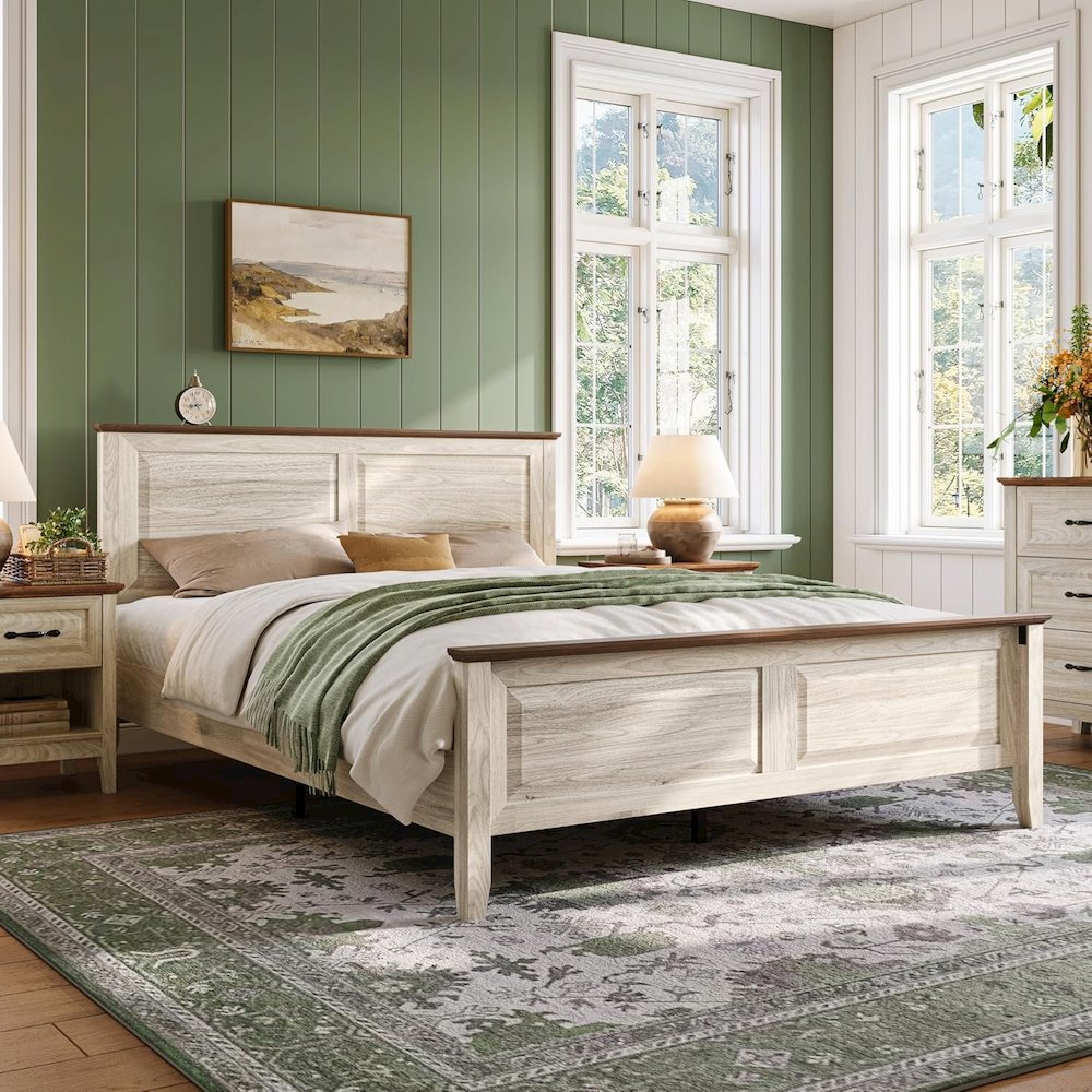 Rustic Queen Bed Frame with Headboard & Footboard, Wooden Platform, Beige. Picture 3