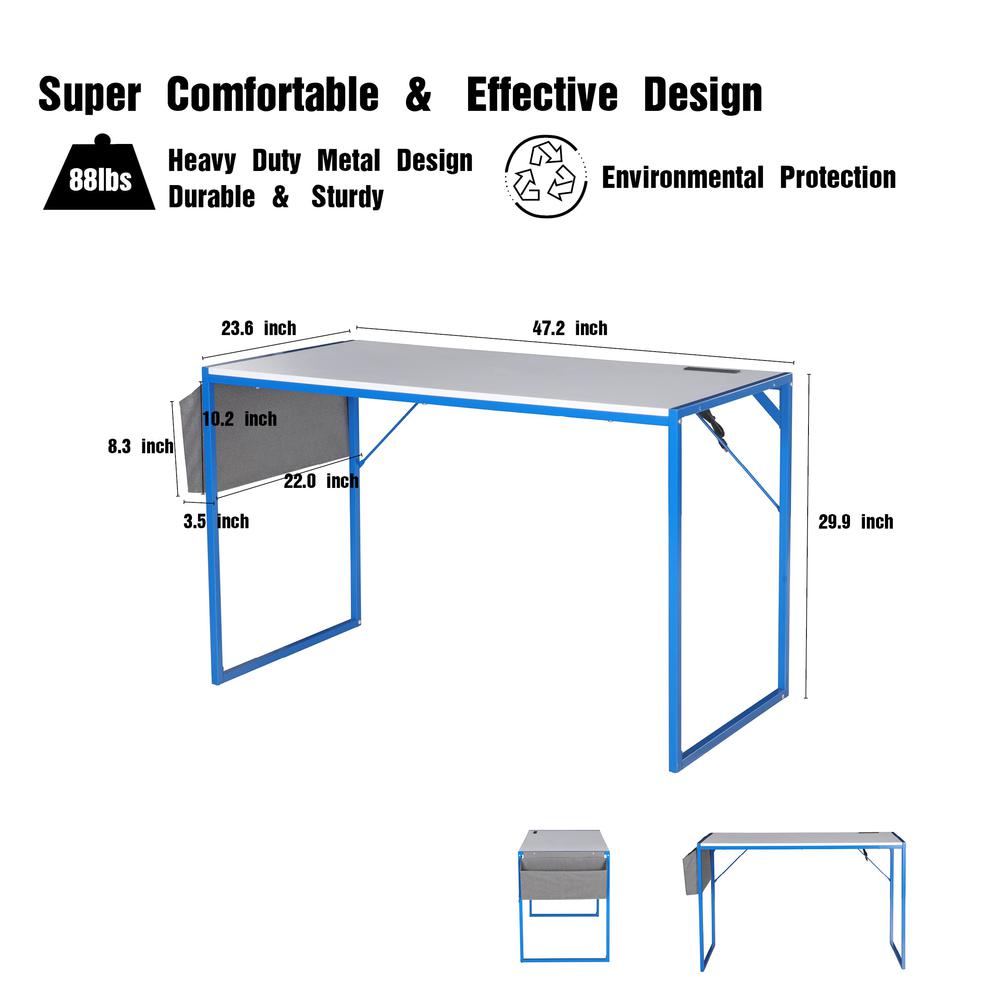 Small Computer Desk Simple Style Writing Desk, White/Blue. Picture 7