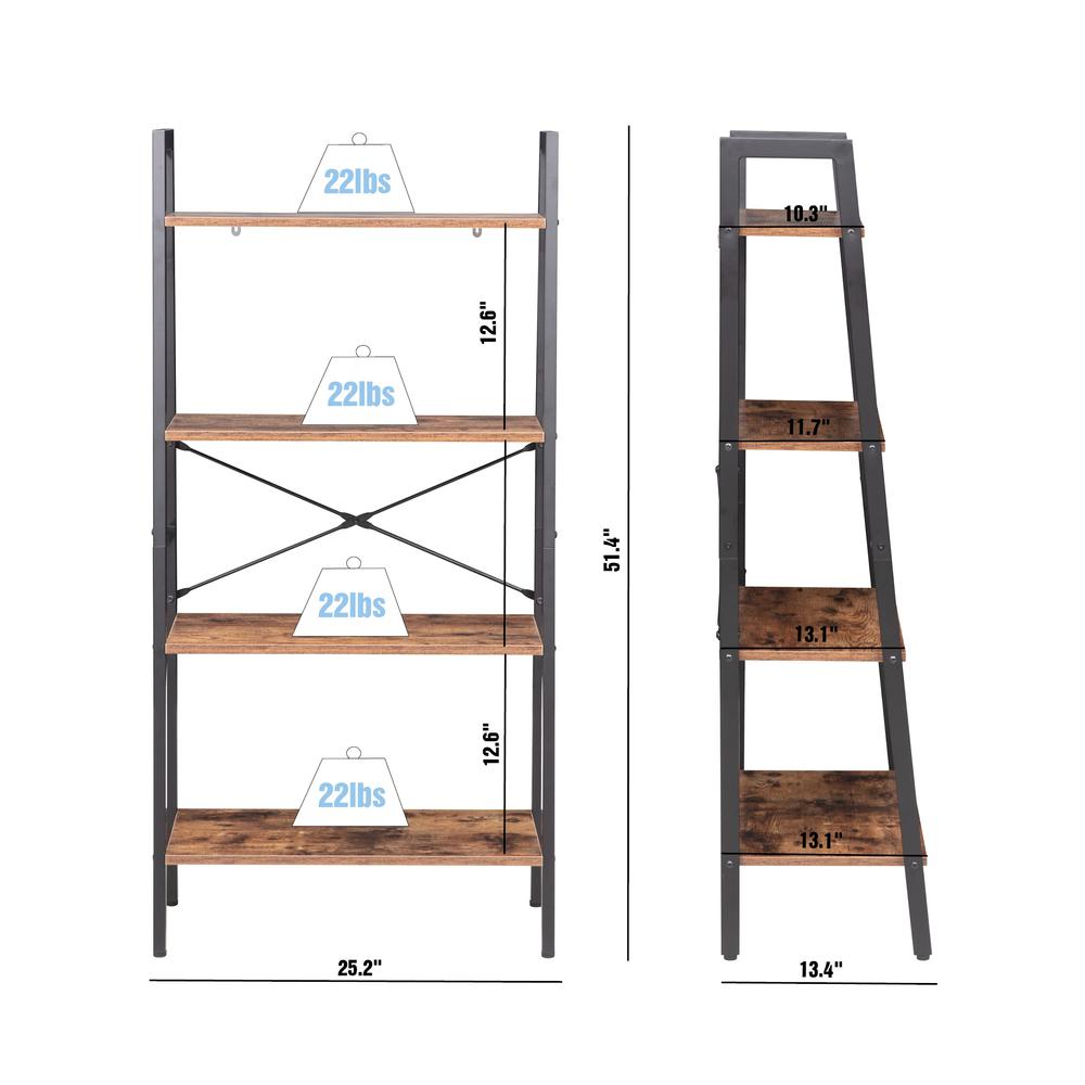 Industrial 4-Tier Bookshelf, Brown. Picture 6
