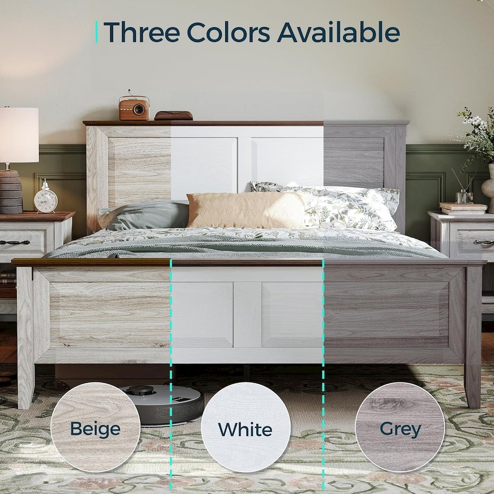 Rustic Queen Bed Frame with Headboard & Footboard, Wooden Platform, Beige. Picture 5