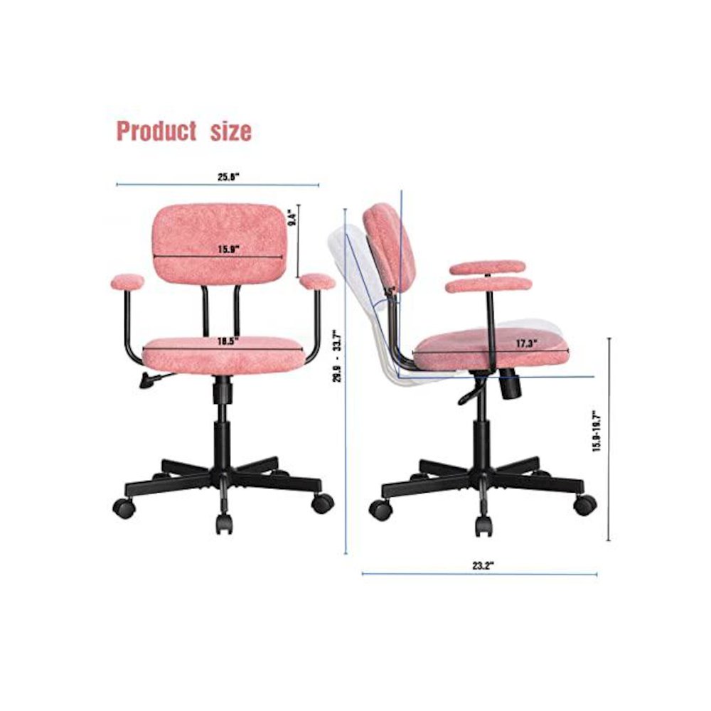 Low Back Velvet Office Computer Chair With Armrest, Pink. Picture 4