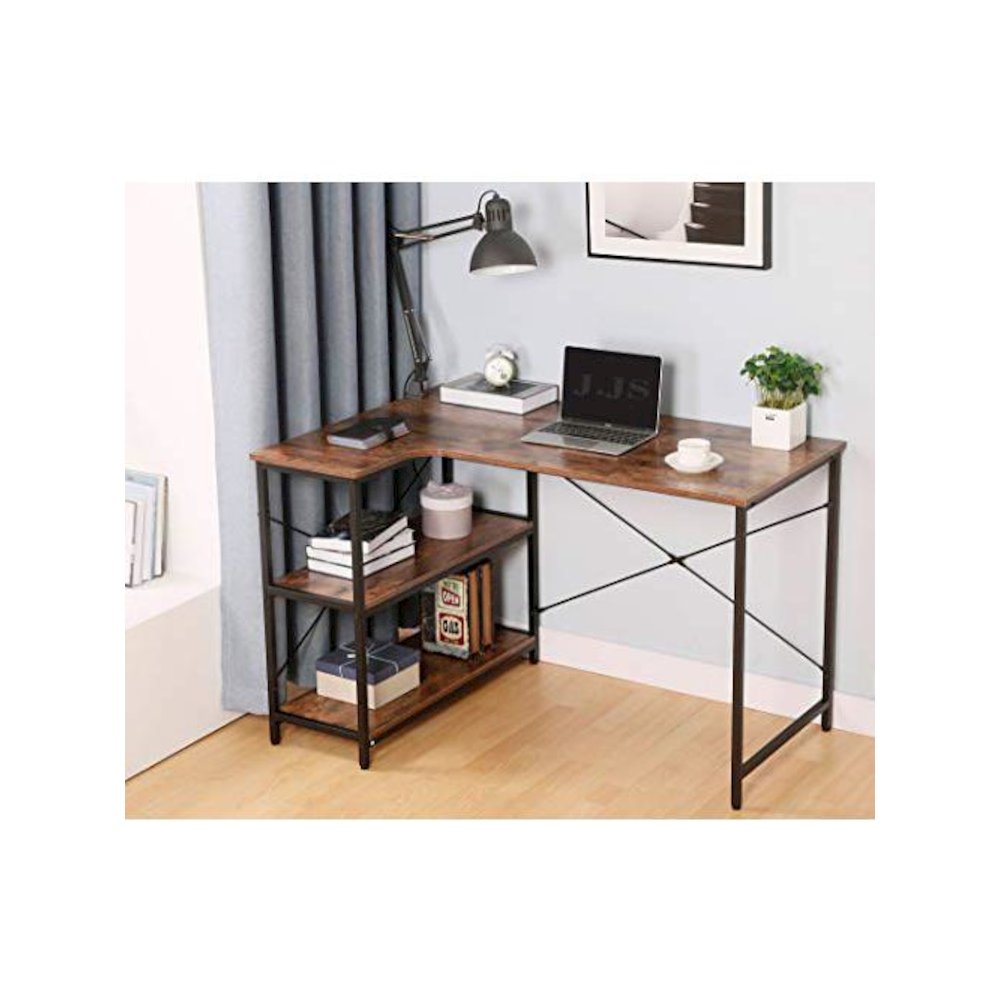 L-Shaped Home Office Corner Writing Computer Desk With Build-In Bookcase. Picture 2