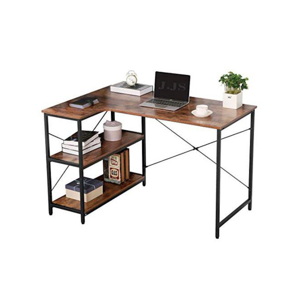 L-Shaped Home Office Corner Writing Computer Desk With Build-In Bookcase. Picture 1