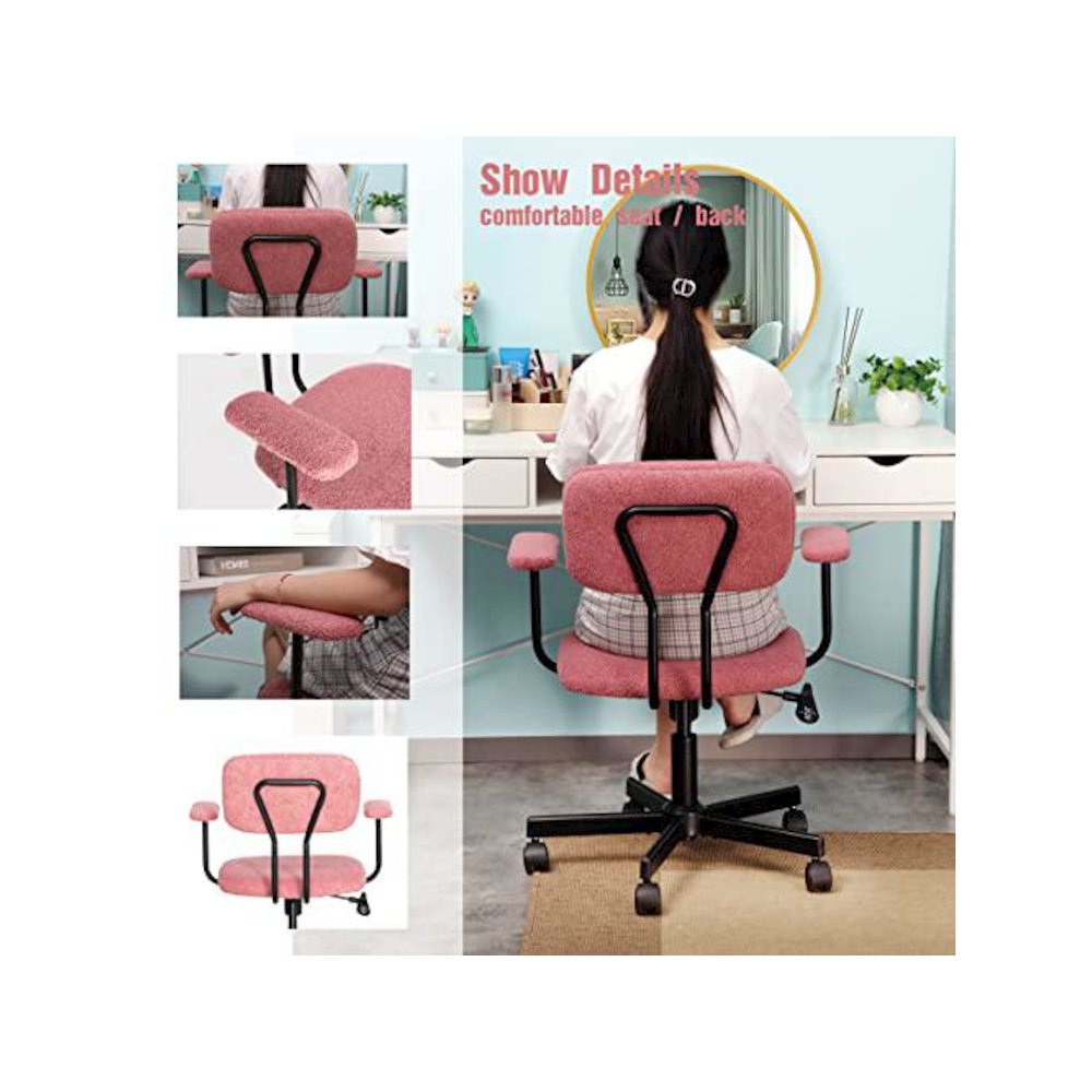 Low Back Velvet Office Computer Chair With Armrest, Pink. Picture 5