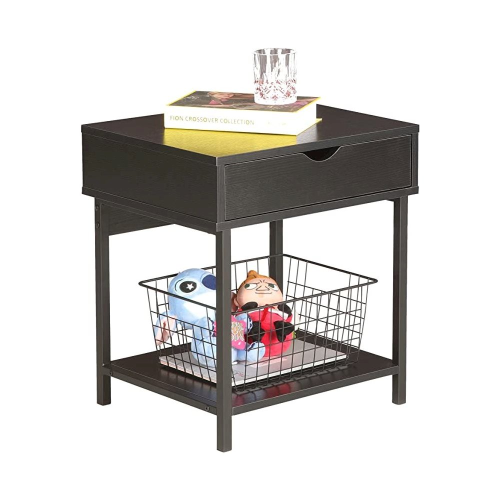 Bedside Table With Drawer And Storage Shelves, Black. Picture 1